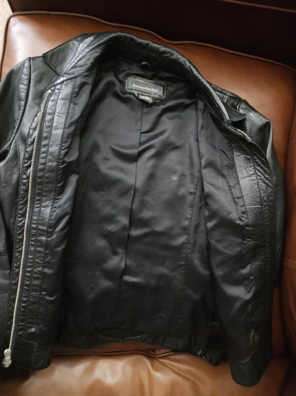 Banana Republic Men’s Black Leather Bomber With Harley Davidson Patch Small